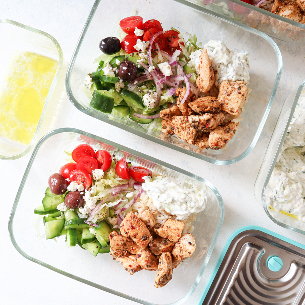 Chicken souvlaki meal-prep bowls
